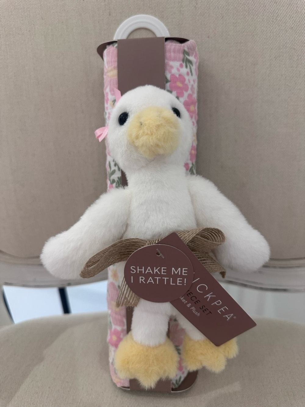Plush Duck Rattle with Pink Floral 100% Cotton Muslin Baby Blanket NWT